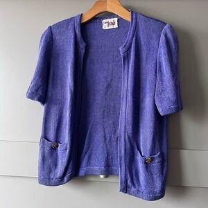 Madam Jaconde Knit Cardigan‎ Open Front Short Sleeve Purple Button Accent Size S